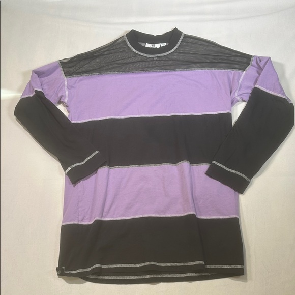 The Ragged Priest Purple and Black Striped Mesh Long Sleeve Tunic Dress - Picture 3 of 6